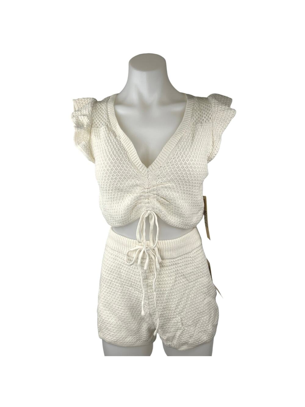 NEW Madden NYC White Knit Crochet Ruched Crop Top Mini Shorts 2-Piece Set Sz S/M